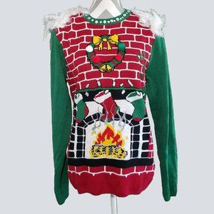 Ugly Christmas Sweater M Wreath Fireplace Beaded Feathers Poms Oversized